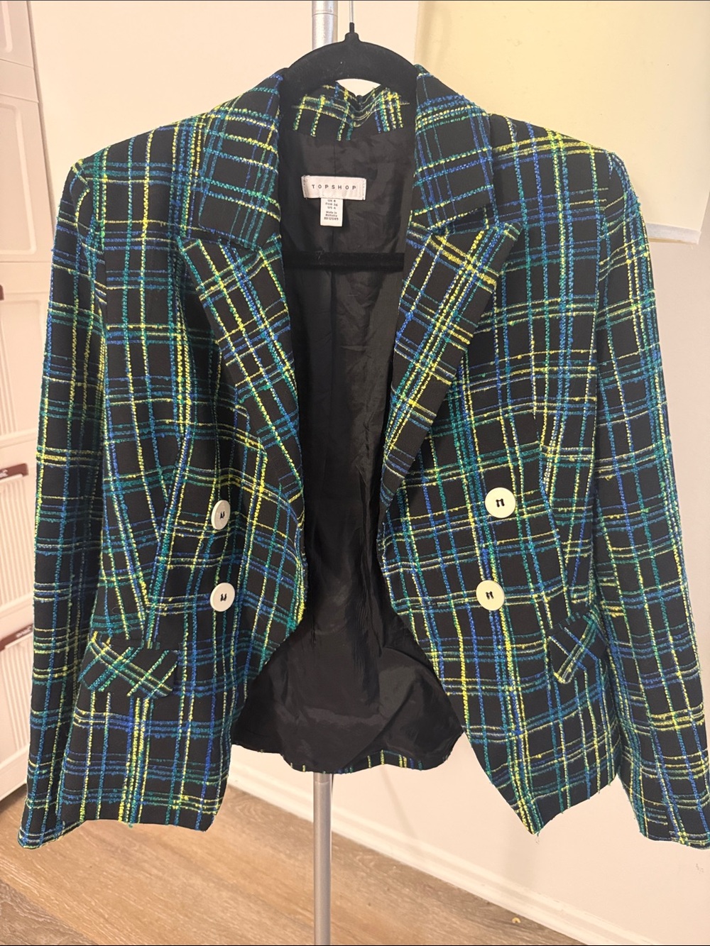 Topshop Black Plaid Blazer with Blue & Yellow Windowpane